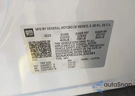 2025 Chevrolet Equinox Fwd Lt from USA, damaged, VIN 3GNAXHEG2SL302584